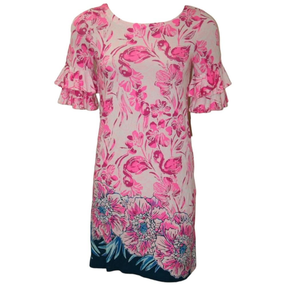 Lilly Pulitzer Lula Coral Reef Pink Flamingo Mini Dress Shirt Ruffle Sleeve XL